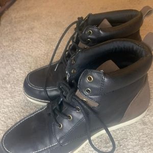 Black ankle boots with brown detail